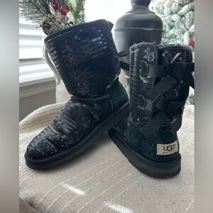 UGG Black Sequin Boots with Ribbon Accents